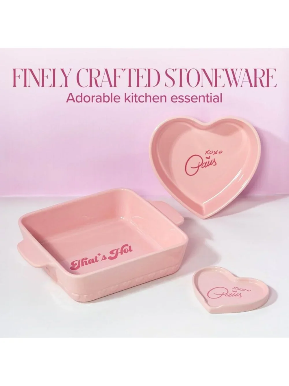 Chic 3-Piece Ceramic Bakeware Set - Square & Heart Bakers, Spoon Rest, Pink